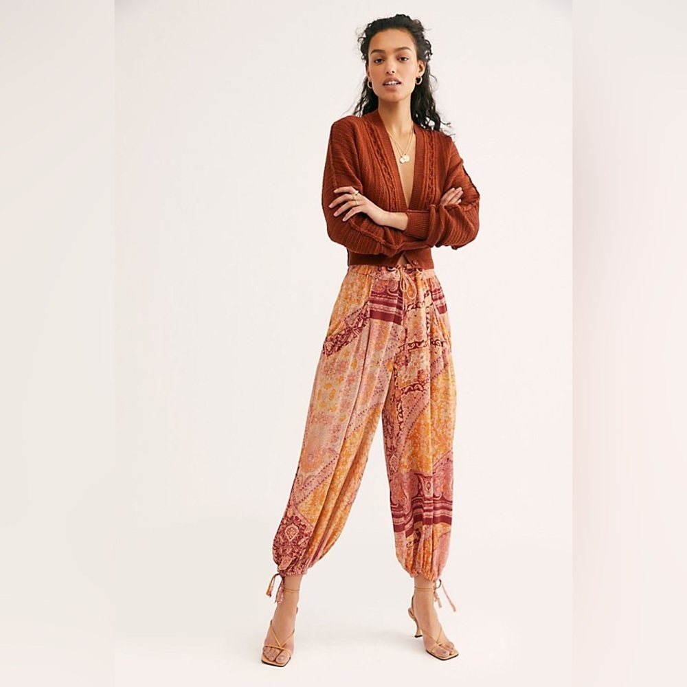 Free People Begonia Balloon Pants Boho Patchwork Harem Cropped Rayon Size Small